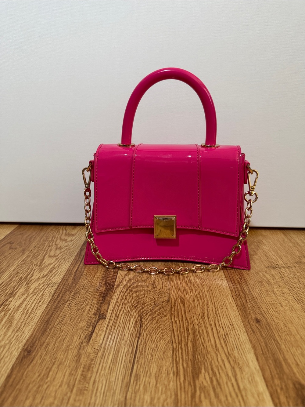 Pink Patent Top-Handle Crossbody Bag with Gold Chain